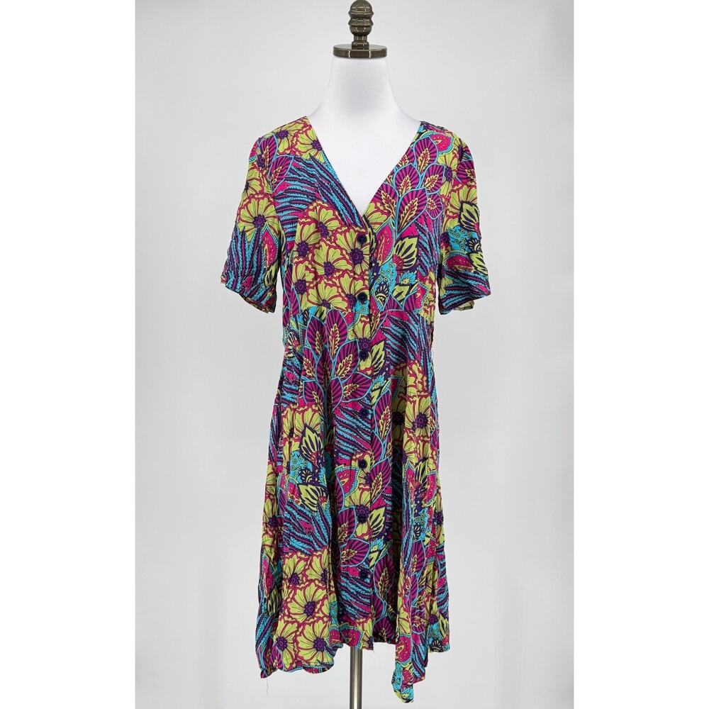D’IYANU Ifaya Womens Aqua Flowers African Print Short Sleeve A Line Dress Sz L